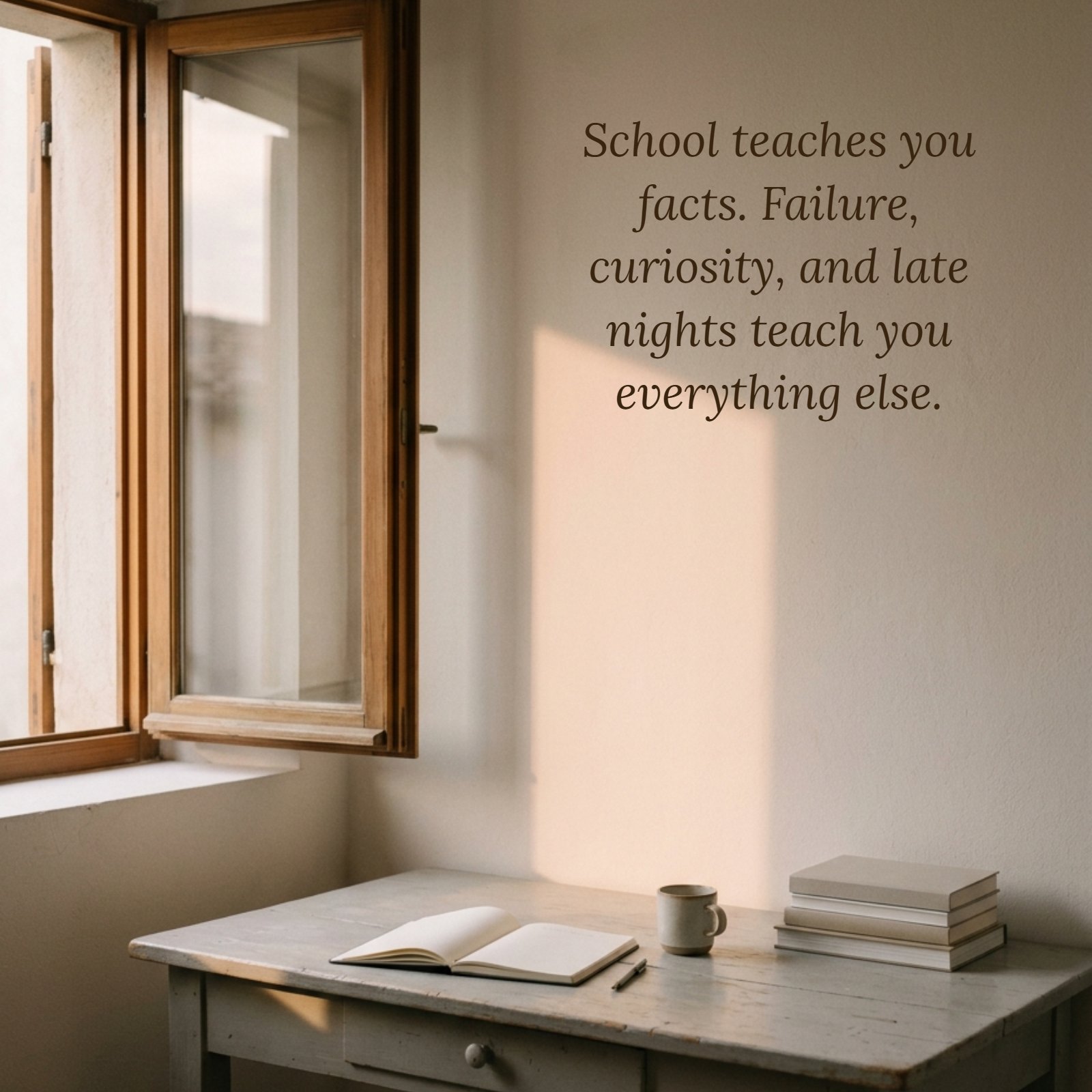 A minimalist photo of a wooden-framed open window with soft evening light shining on a plain desk with a notebook and books. The image has a vertical 1:1 aspect ratio with a clean aesthetic and the quote written on it, 'School teaches you facts. Failure, curiosity, and late nights teach you everything else.'