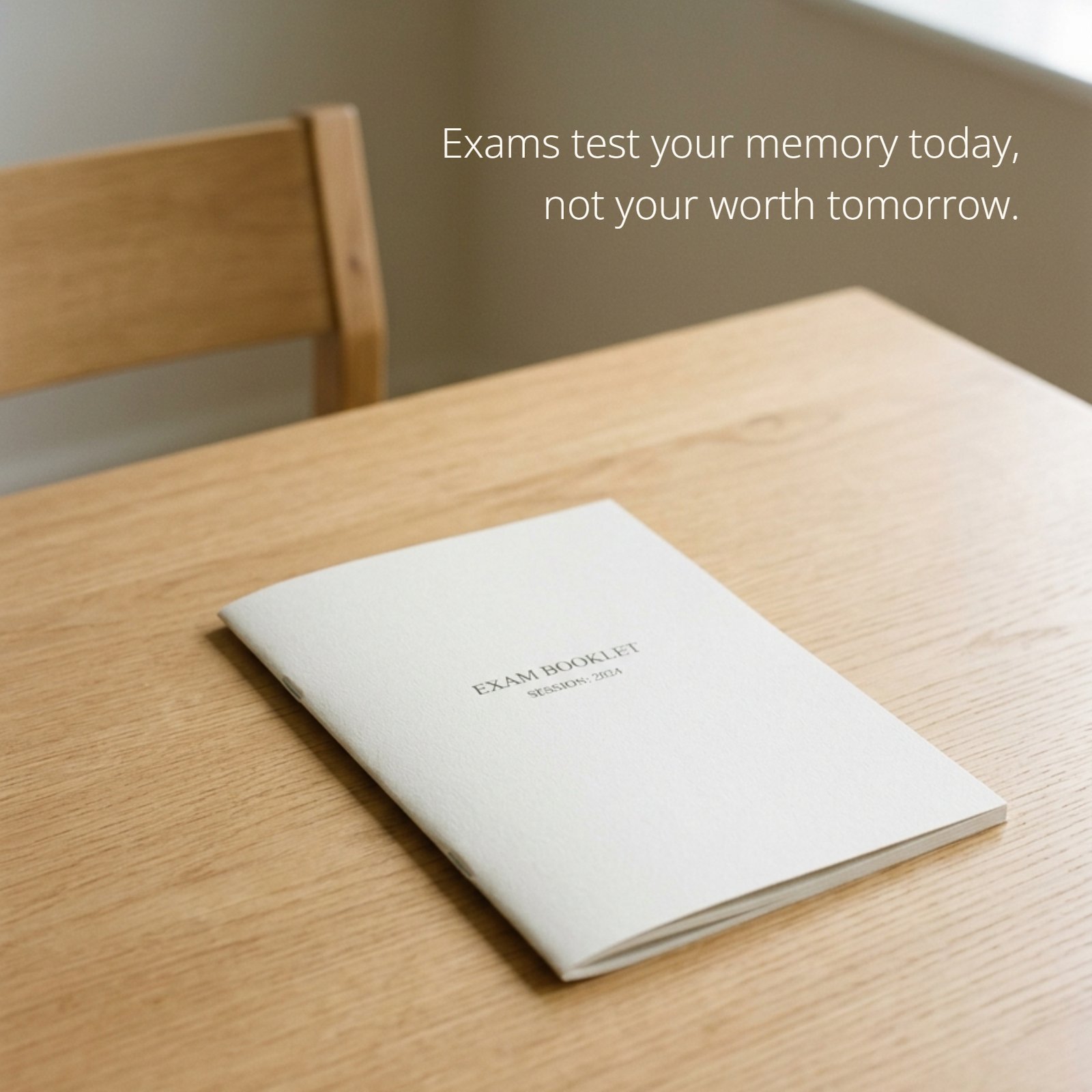 A minimalist vertical photo of a single closed off-white exam booklet titled 'EXAM BOOKLET SESSION: 2024' resting on a plain oak desk. The text 'Exams test your memory today, not your worth tomorrow.' is overlaid in clean typography in the negative space.