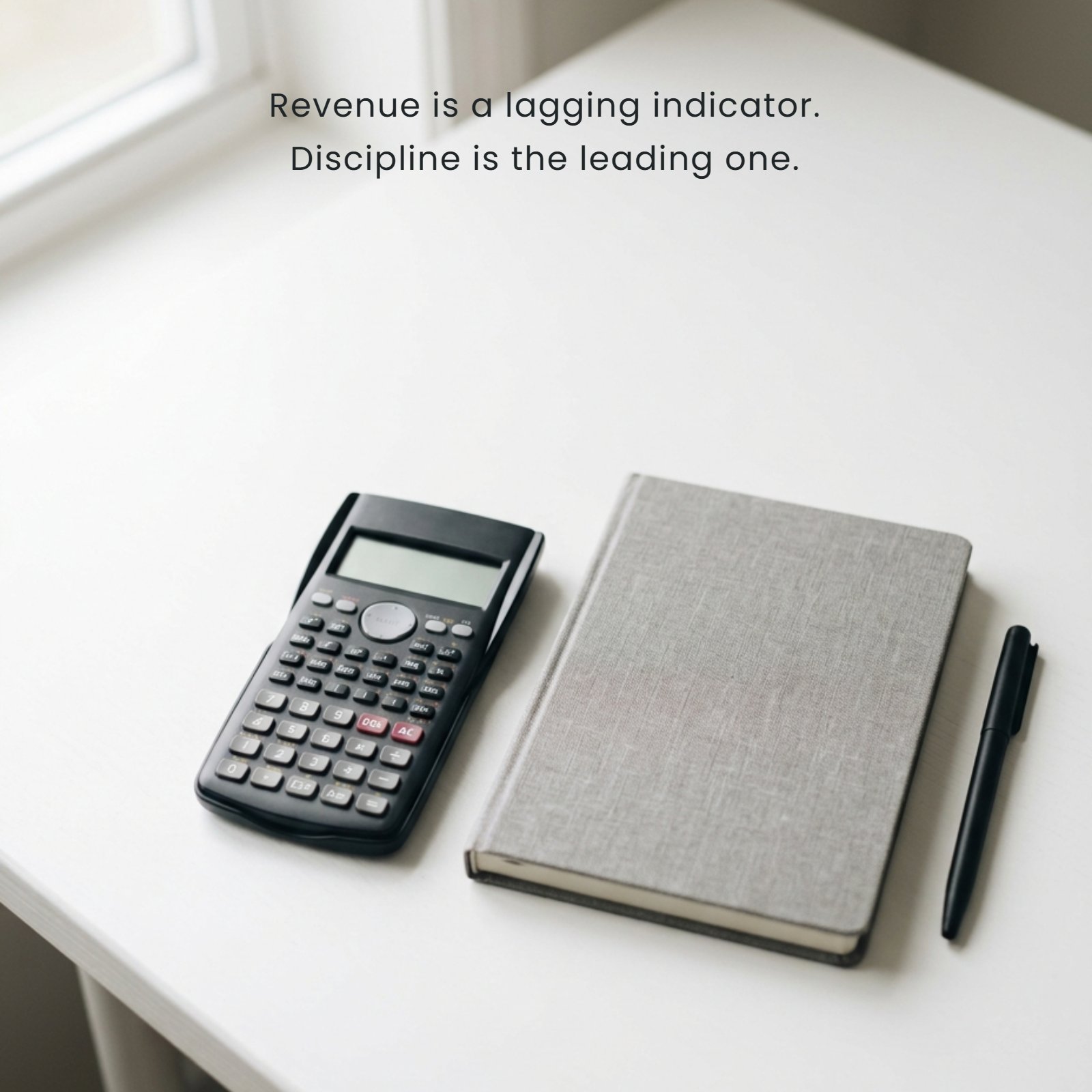 Minimalist 1:1 photograph on a white desk of a calculator and notebook with the quote, "Revenue is a lagging indicator. Discipline is the leading one."