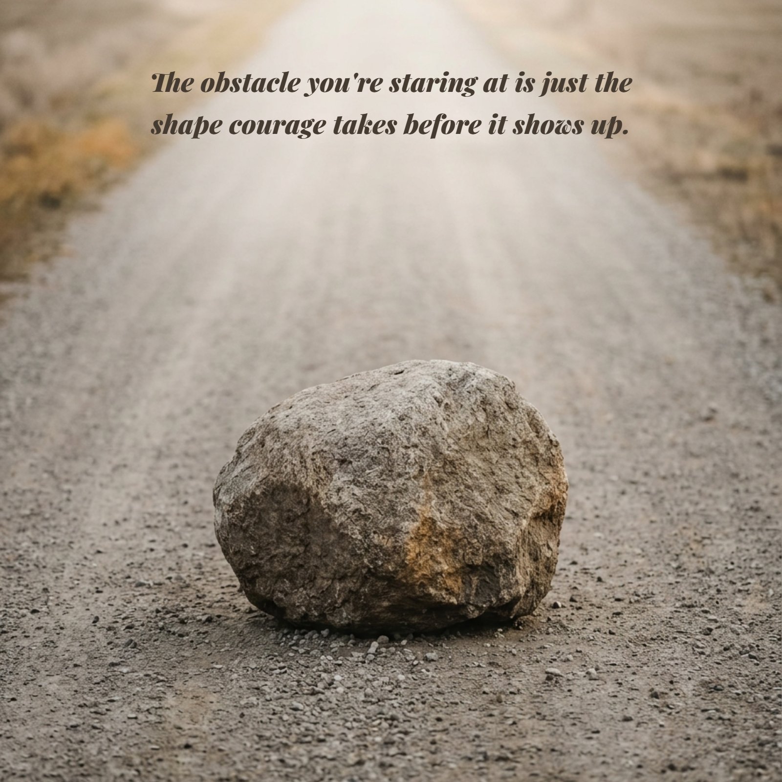 Minimalist 1:1 photograph featuring a single large boulder on a gravel path with soft light beyond. The courage quote "The obstacle you're staring at is just the shape courage takes before it shows up." is overlaid in white text.