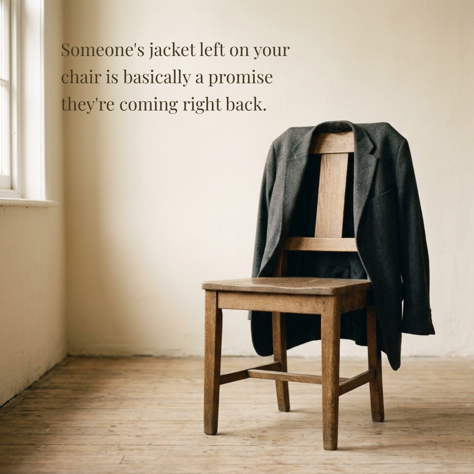 A minimalist photo showing a grey blazer neatly draped over a simple wooden chair, representing a sweet promise that someone is coming back soon.