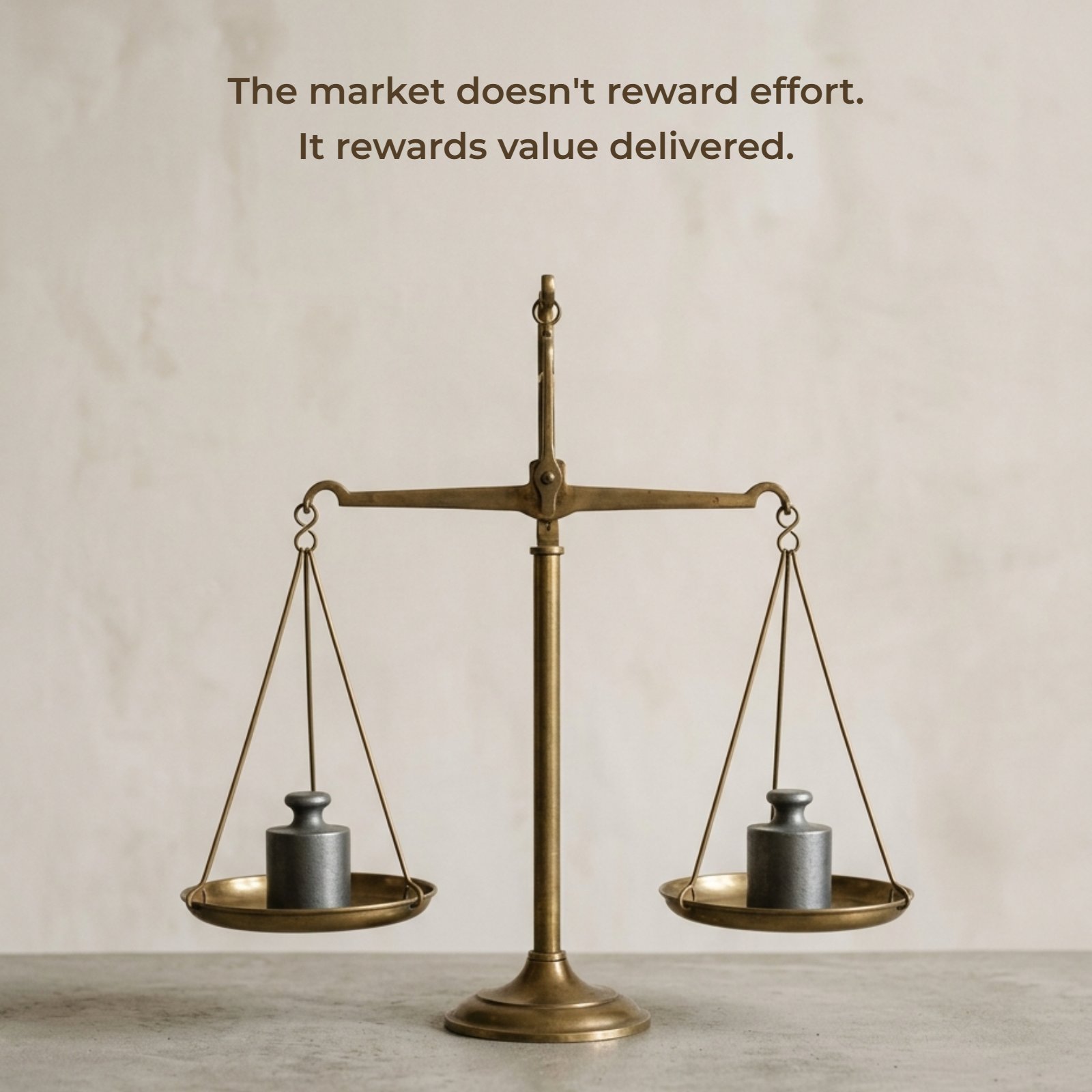 A minimalist photograph of a balanced brass scale with two weights, symbolizing the equilibrium between market demands and delivered value.