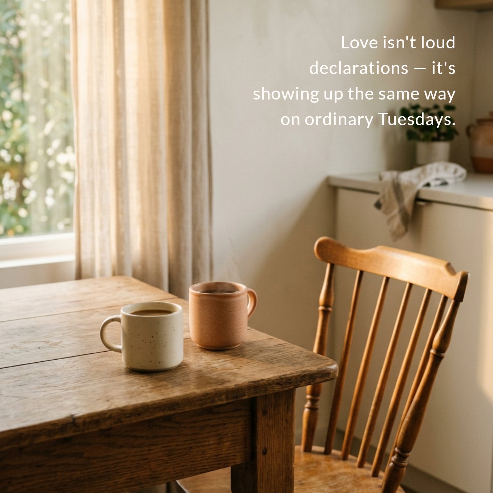 A quiet morning kitchen scene with two coffee mugs on a wooden table, illuminated by soft golden light from a window. The quote "Love isn't loud declarations — it's showing up the same way on ordinary Tuesdays" is displayed on the wall.