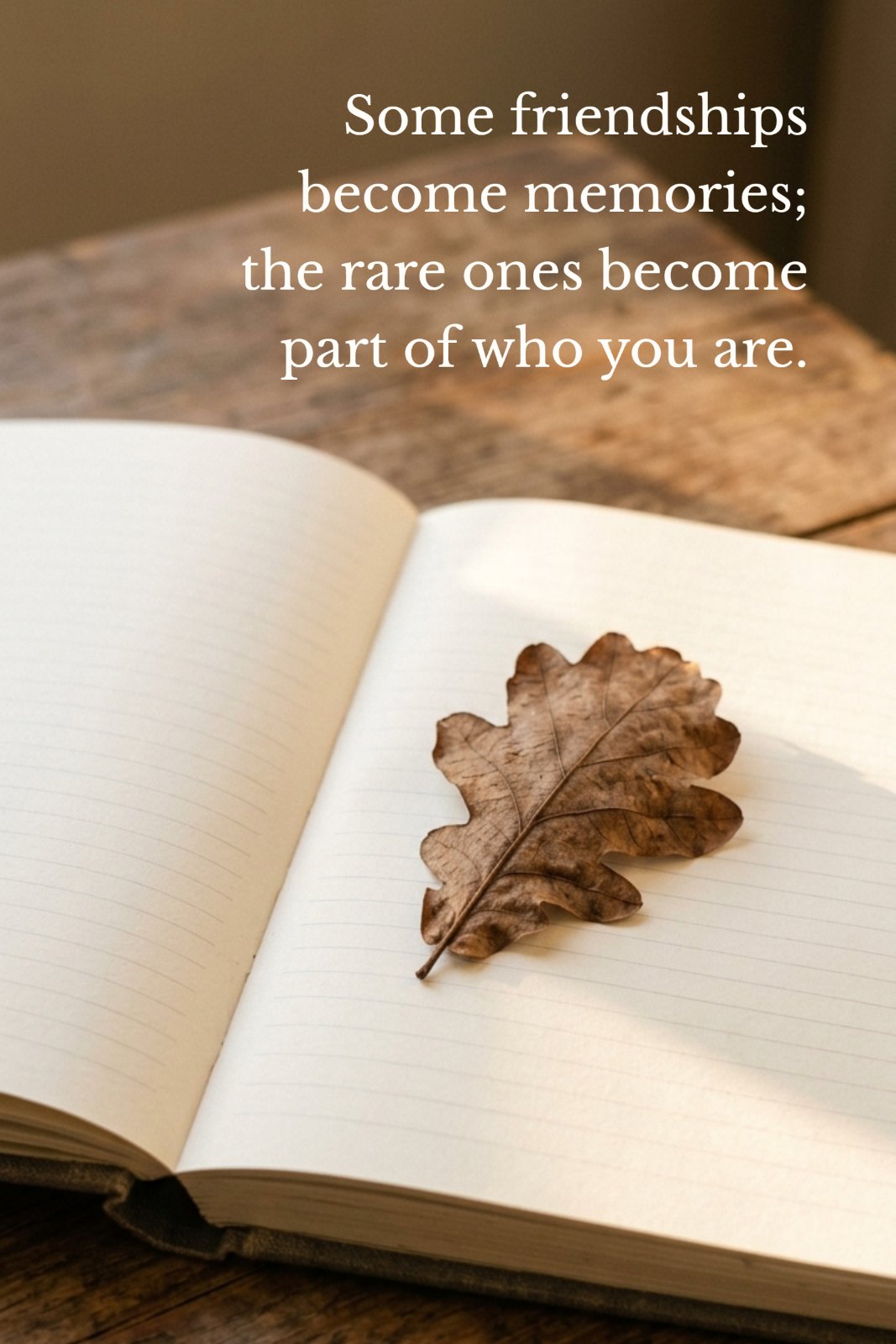 Minimalist image of a dried oak leaf resting on the lined pages of an open journal, with the text 'Some friendships become memories; the rare ones become part of who you are.' displayed in the top right corner.