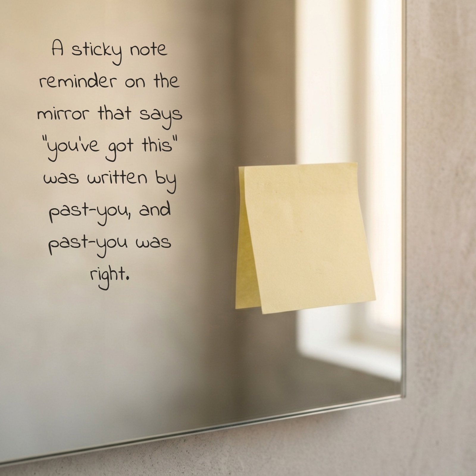 A minimalist photo of a single, blank yellow sticky note attached to a clear bathroom mirror with a soft warm light.