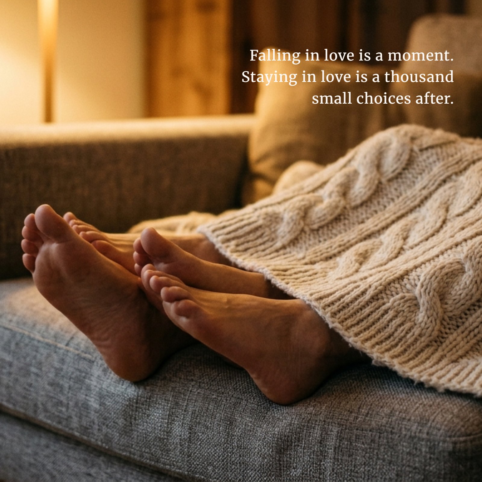 A minimalist, 1:1 photograph featuring two pairs of feet relaxing under a cream-colored chunky knit blanket on a grey couch. The background is softly lit by a warm lamp, creating a cozy atmosphere.