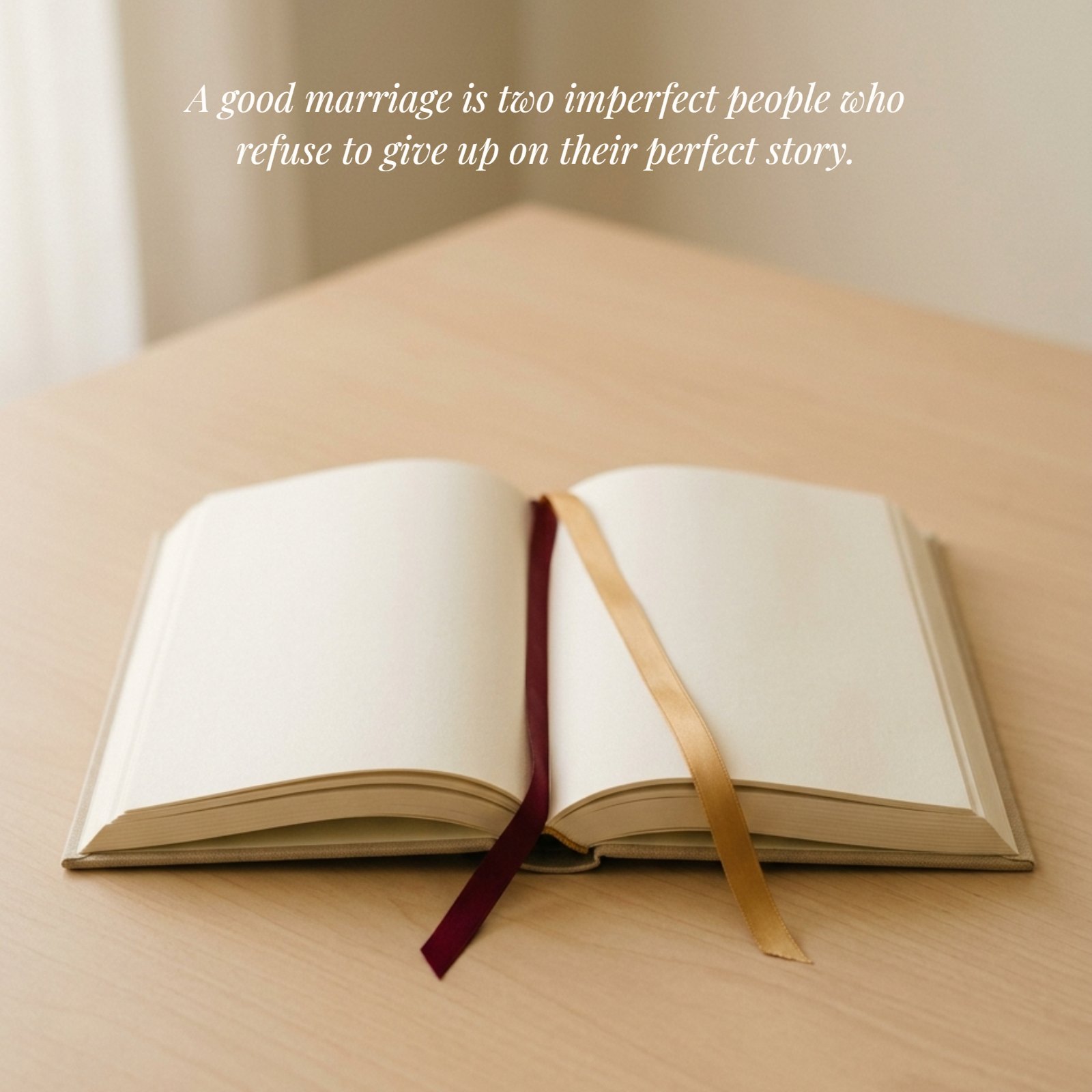 A minimalist photo of an open book on a plain neutral desk, with two ribbon bookmarks, showing the wedding quote, A good marriage is two imperfect people who refuse to give up on their perfect story.