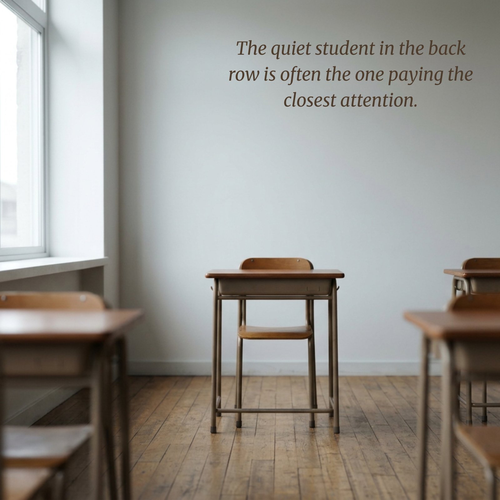 Minimalist photo of a single empty desk at the back of a plain classroom with soft neutral light, with the quote 'The quiet student in the back row is often the one paying the closest attention' written on it.