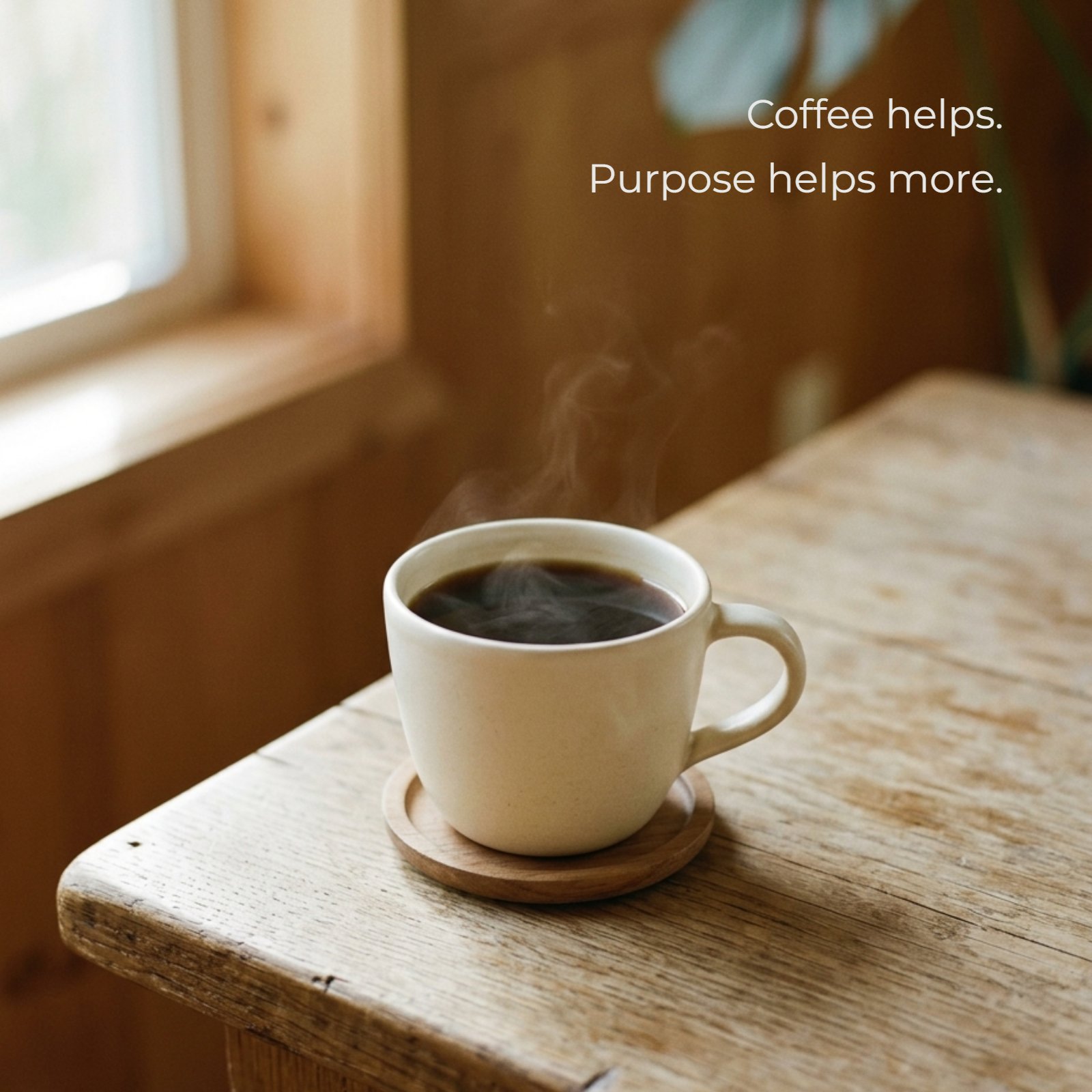 Minimalist image featuring a steaming coffee cup on a wooden table with the text 'Coffee helps. Purpose helps more.' over it.