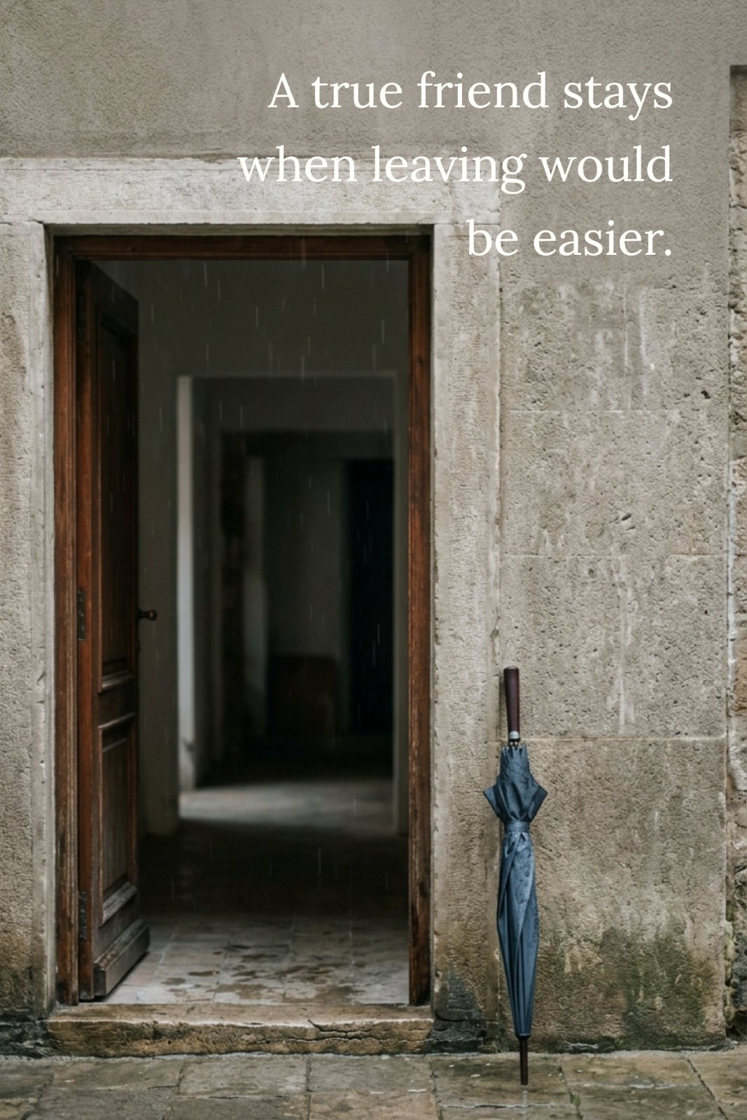 A minimalist image of an open doorway and a single umbrella leaning against a stone wall, symbolizing patience and loyalty, accompanied by the quote text: "A true friend stays when leaving would be easier."