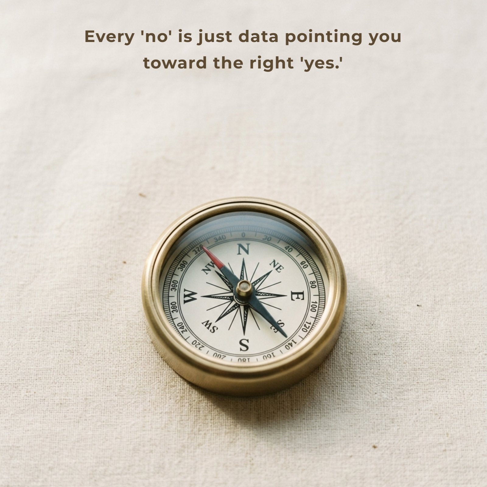 A minimalist 1:1 photograph of a single brass compass resting on a plain, textured neutral beige surface. The compass face is clear, showing directions. Soft, directional light creates a clean, focused composition. The quote 'Every no is just data pointing you toward the right yes.' is written in clear, bold text in the ample space around the compass.