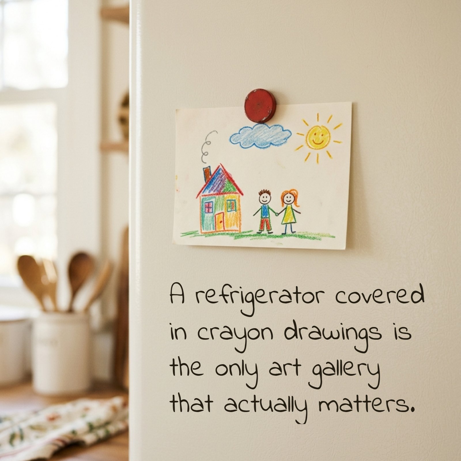 A photo of a plain refrigerator door holding one child's crayon drawing with a red magnet, beside it the quote 'A refrigerator covered in crayon drawings is the only art gallery that actually matters.' is written in natural, messy, cute handwriting style font using dark color.