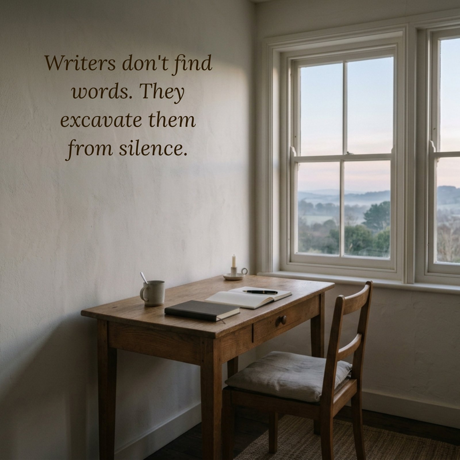 A minimalist photo of a single quiet writing desk beside a plain window at dawn with soft neutral light and clean composition.