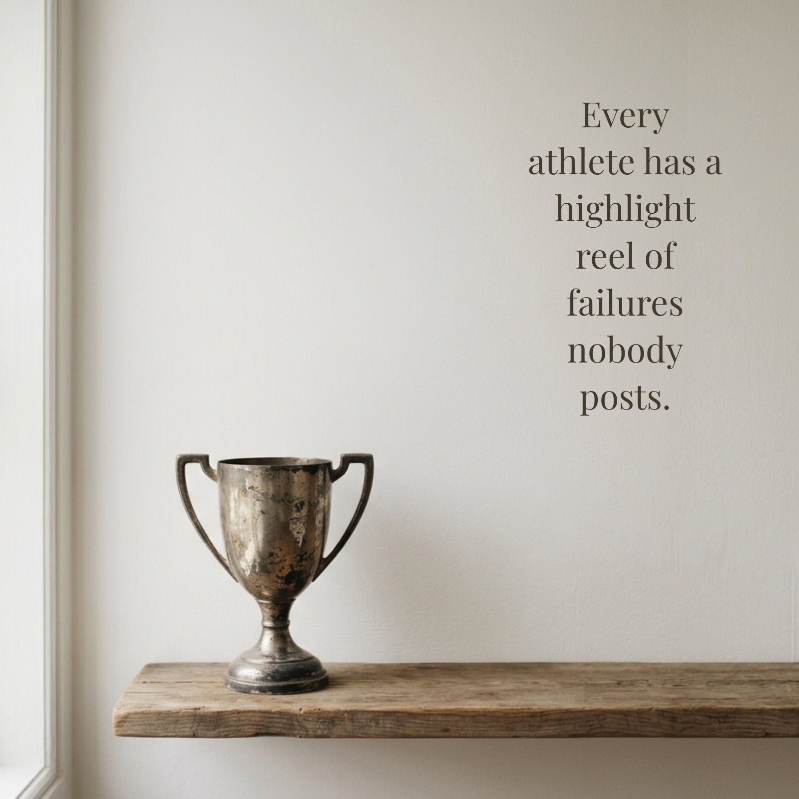 Minimalist 1:1 photograph featuring a single, worn, weathered trophy sitting on a simple wooden shelf. Above the trophy is the text overlay quote: Every athlete has a highlight reel of failures nobody posts.