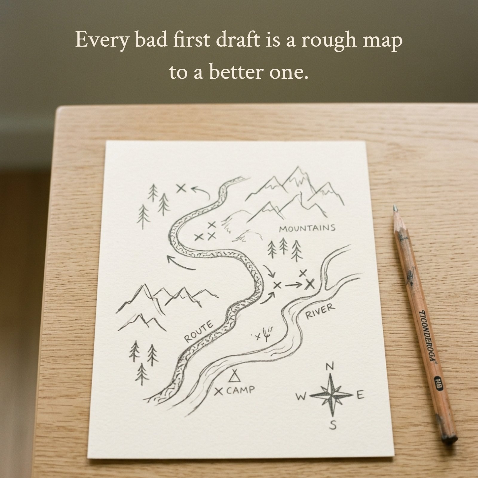 Minimalist top-down photograph of a hand-drawn pencil sketch of a fictional treasure map on a plain wooden desk, with a pencil lying beside it. The image is designed to have the quote "Every bad first draft is a rough map to a better one" added to it.