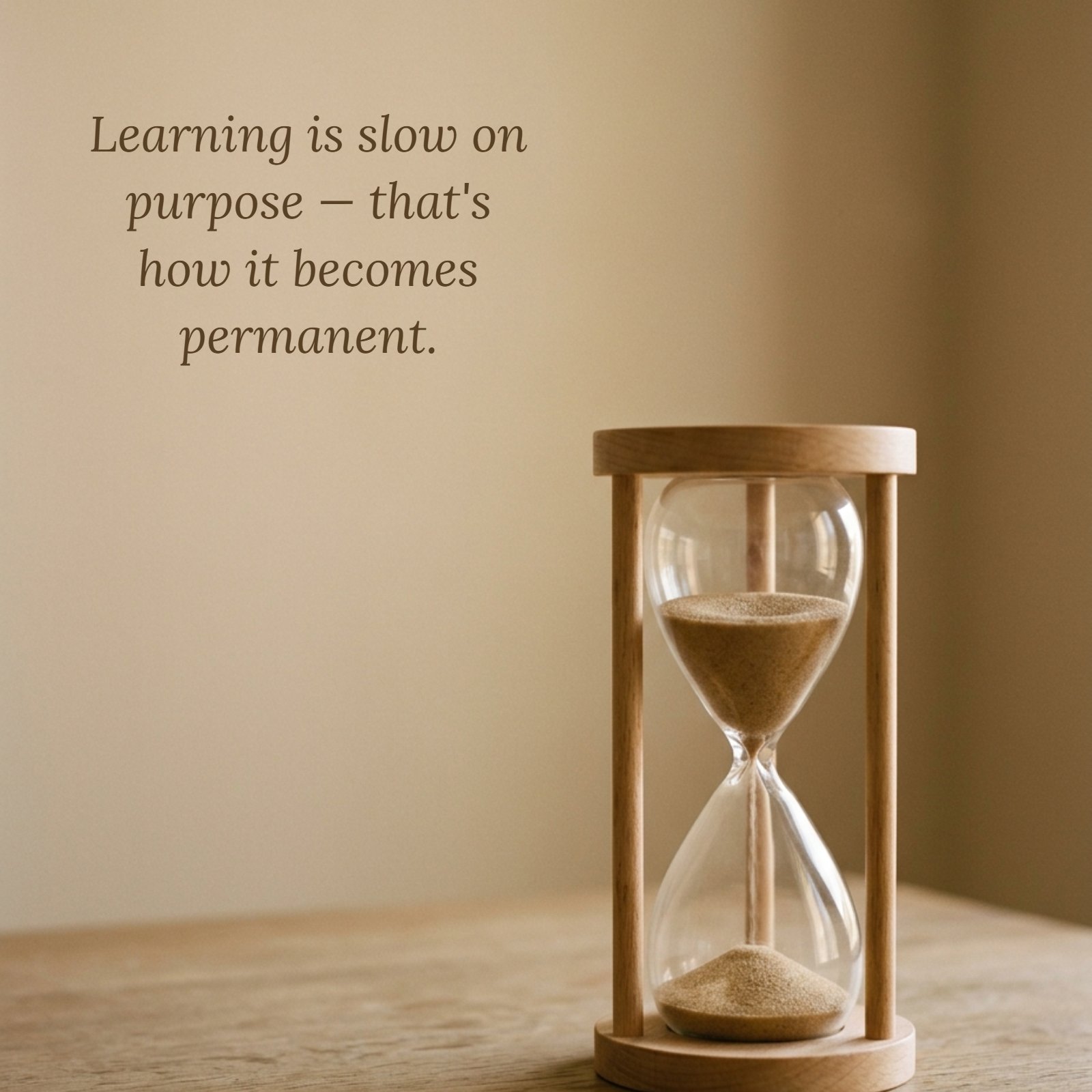 Minimalist wooden hourglass on a plain surface with the quote "Learning is slow on purpose — that's how it becomes permanent" written across the soft warm space.