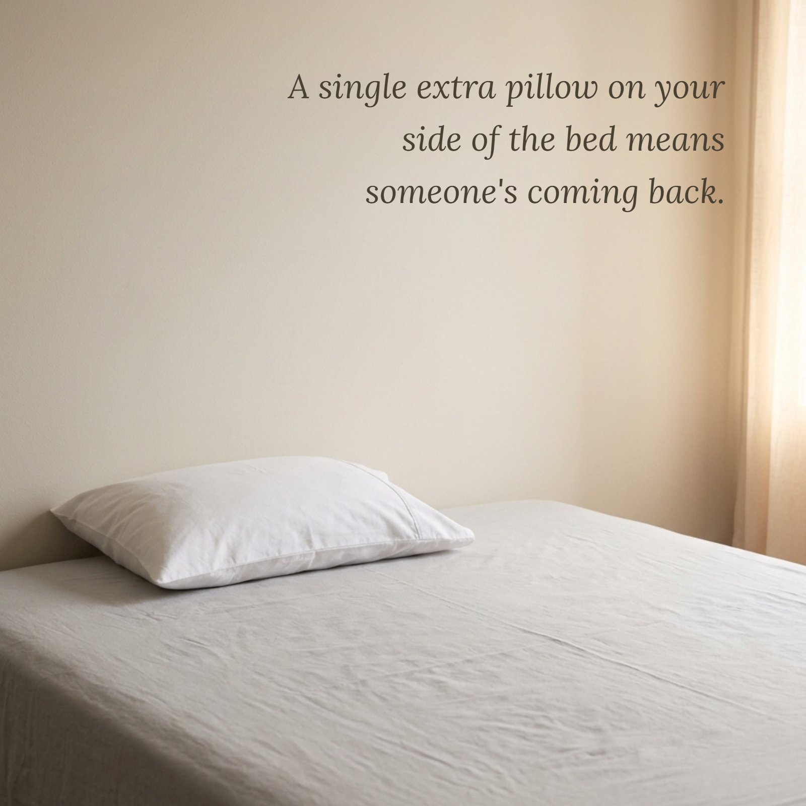 Minimalist bedroom photograph featuring a single white pillow resting on a bed with light grey sheets, illustrating the quote 'A single extra pillow on your side of the bed means someone's coming back.'