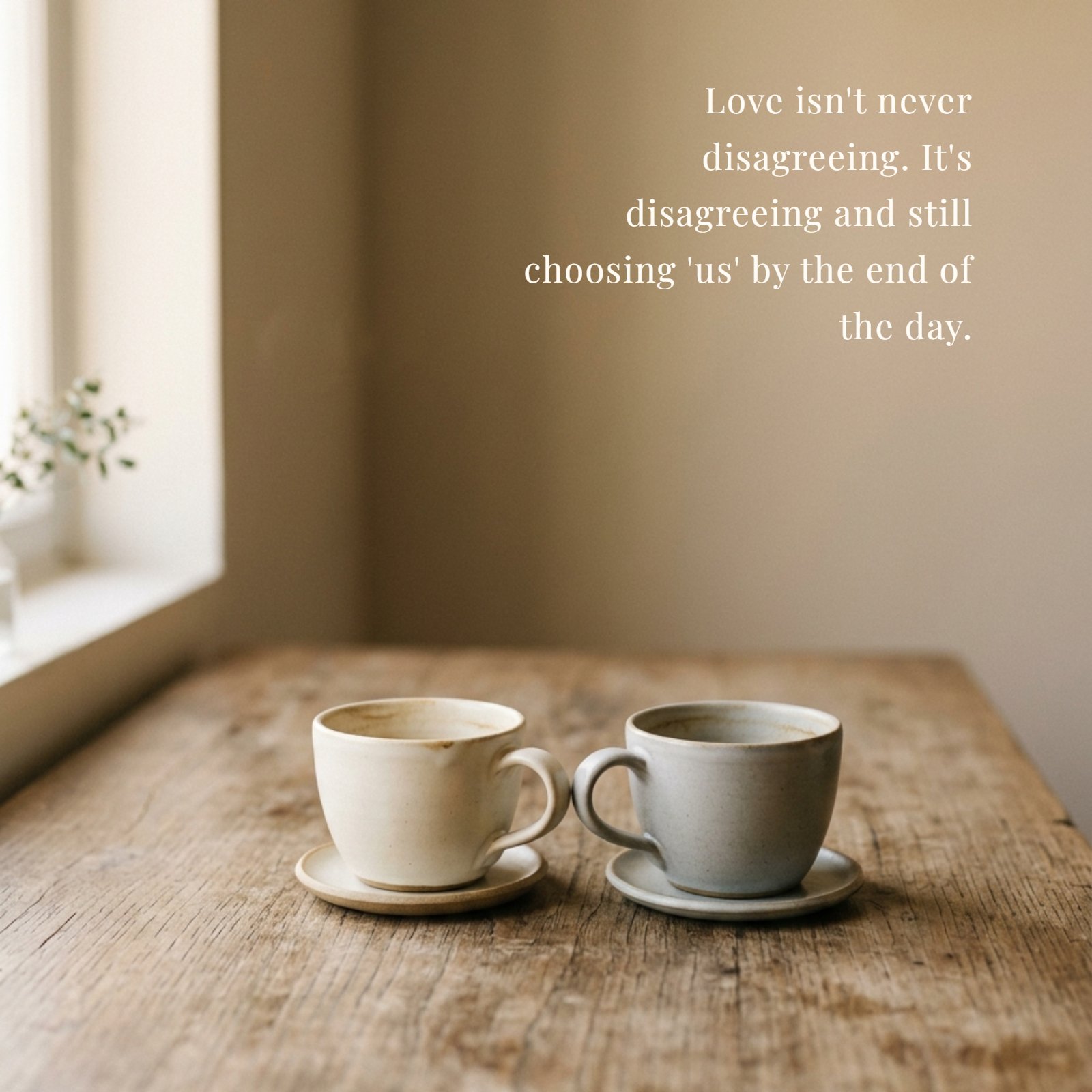A minimalist photo with text. It shows two empty ceramic coffee cups side-by-side on a rustic wooden table with soft light. The quote "Love isn't never disagreeing. It's disagreeing and still choosing 'us' by the end of the day." is written in the negative space.