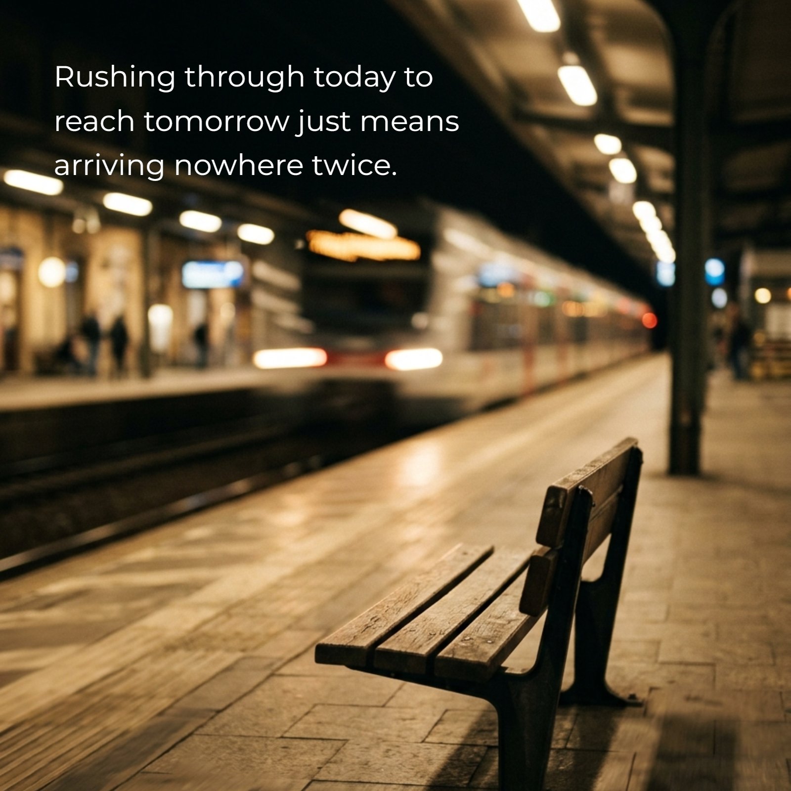 A minimalist motion-blurred photo of an empty train platform at night with soft warm lights and an empty wooden bench in sharp focus, featuring the text "Rushing through today to reach tomorrow just means arriving nowhere twice."
