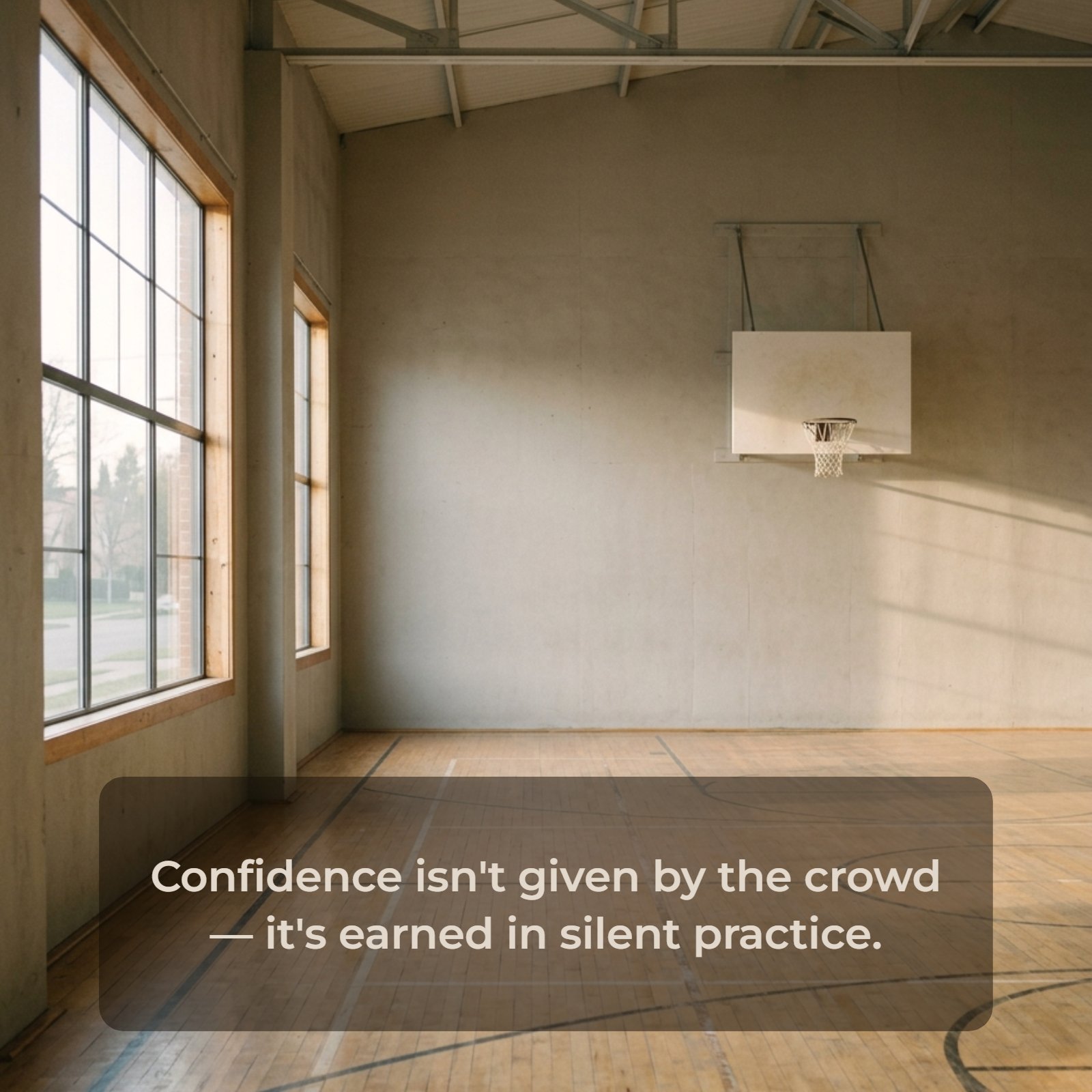 A minimalist photo of an empty basketball gym with morning light, featuring the quote: Confidence isn't given by the crowd — it's earned in silent practice.