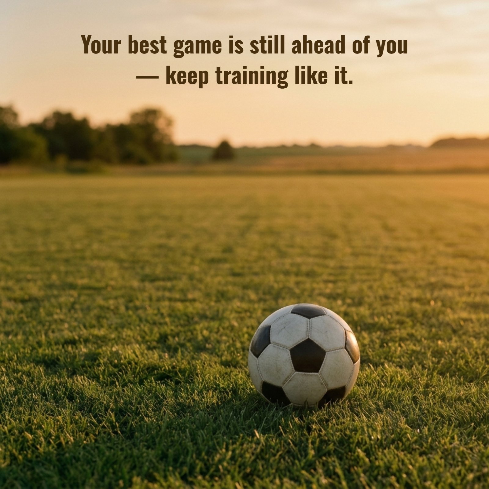 An inspirational sports quote image featuring a lone soccer ball resting on a grassy field during a golden hour sunset. The text reads: Your best game is still ahead of you — keep training like it.