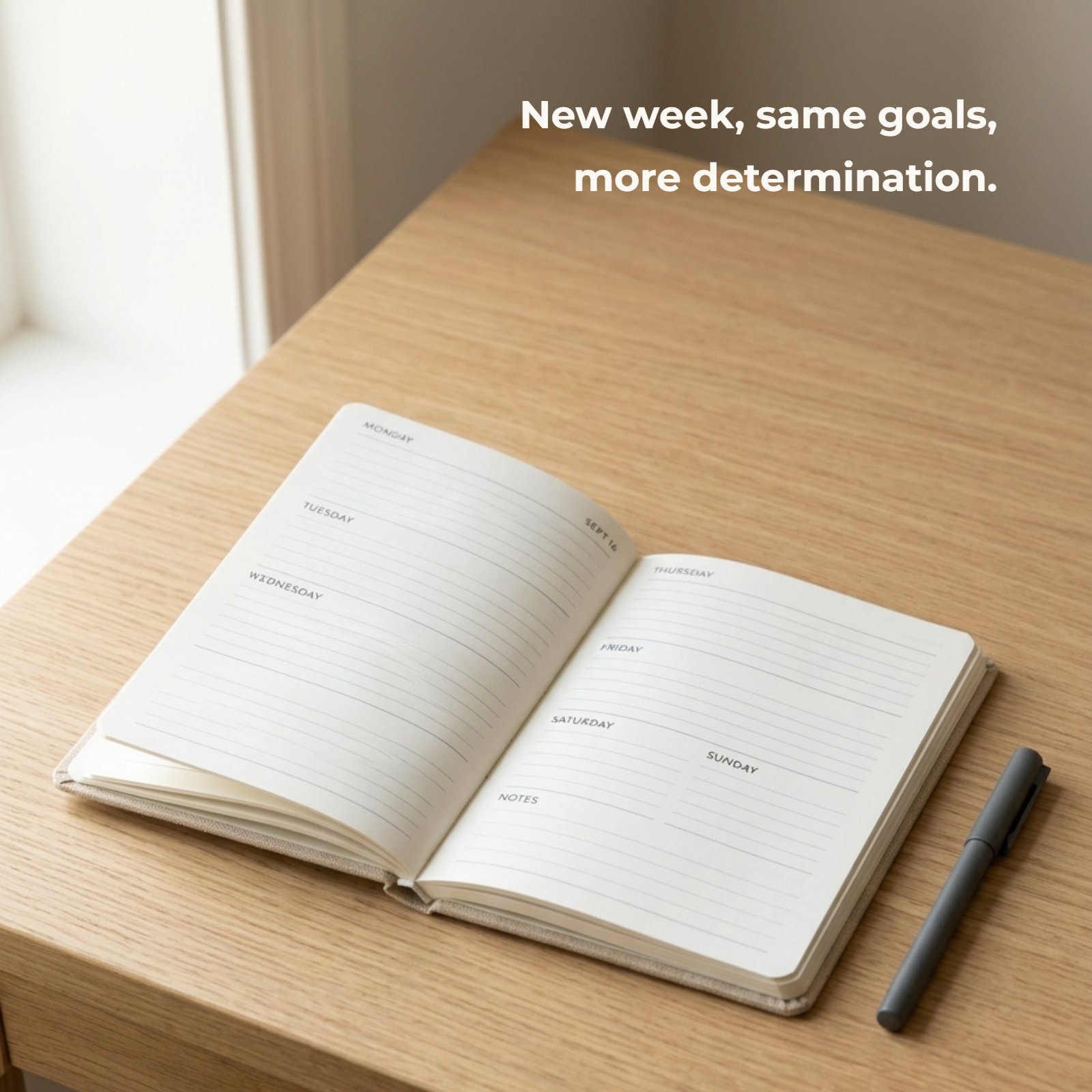 An open beige journal with fine lines on a wood grain desk beside a grey pen under soft light, with the quote 'New week, same goals, more determination' in dark grey text.