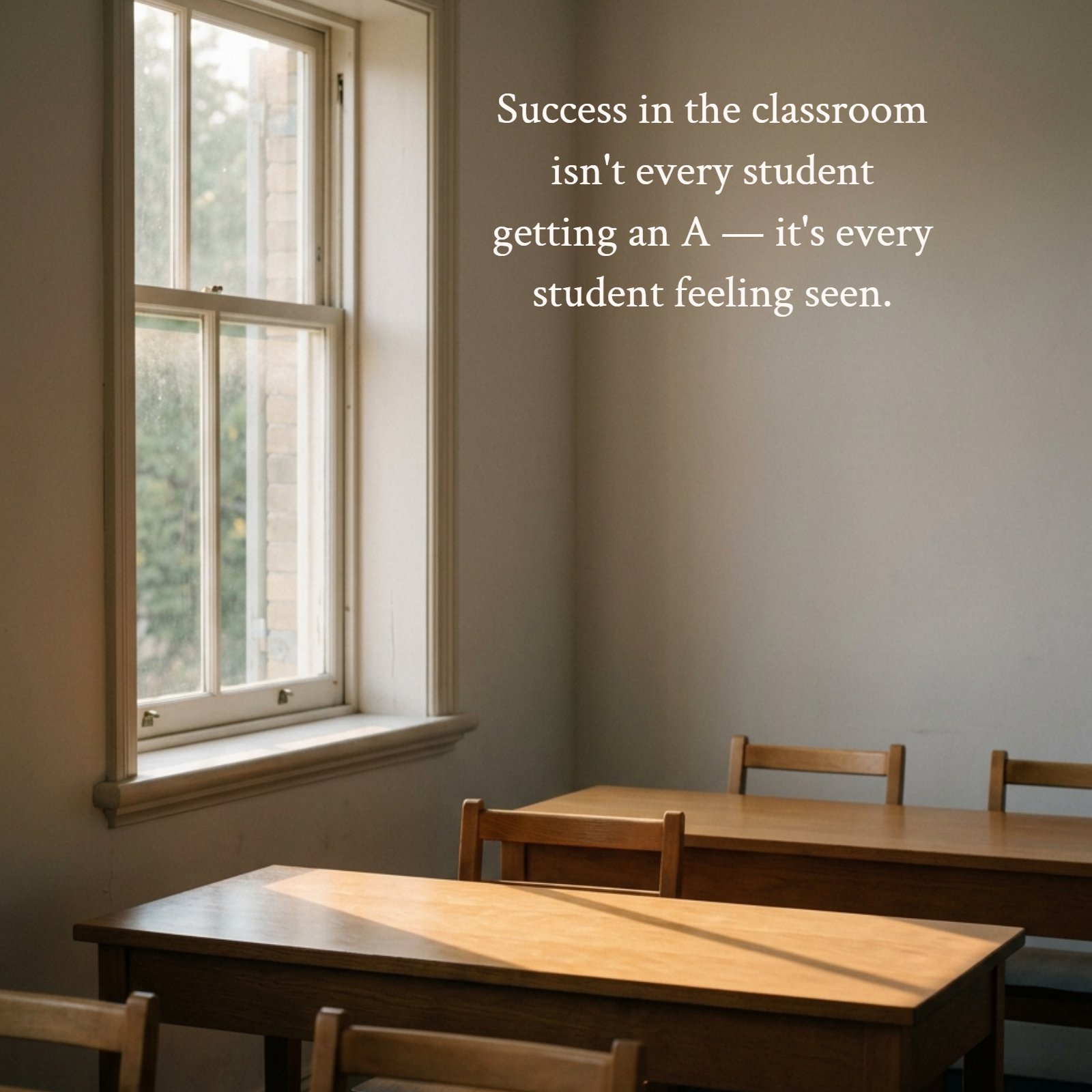 A minimalist photo of empty wooden school desks and chairs in a classroom, with soft, warm light coming from a window on the left. The inspiring teacher quote "Success in the classroom isn't every student getting an A — it's every student feeling seen." is written in an elegant serif font over the scene.