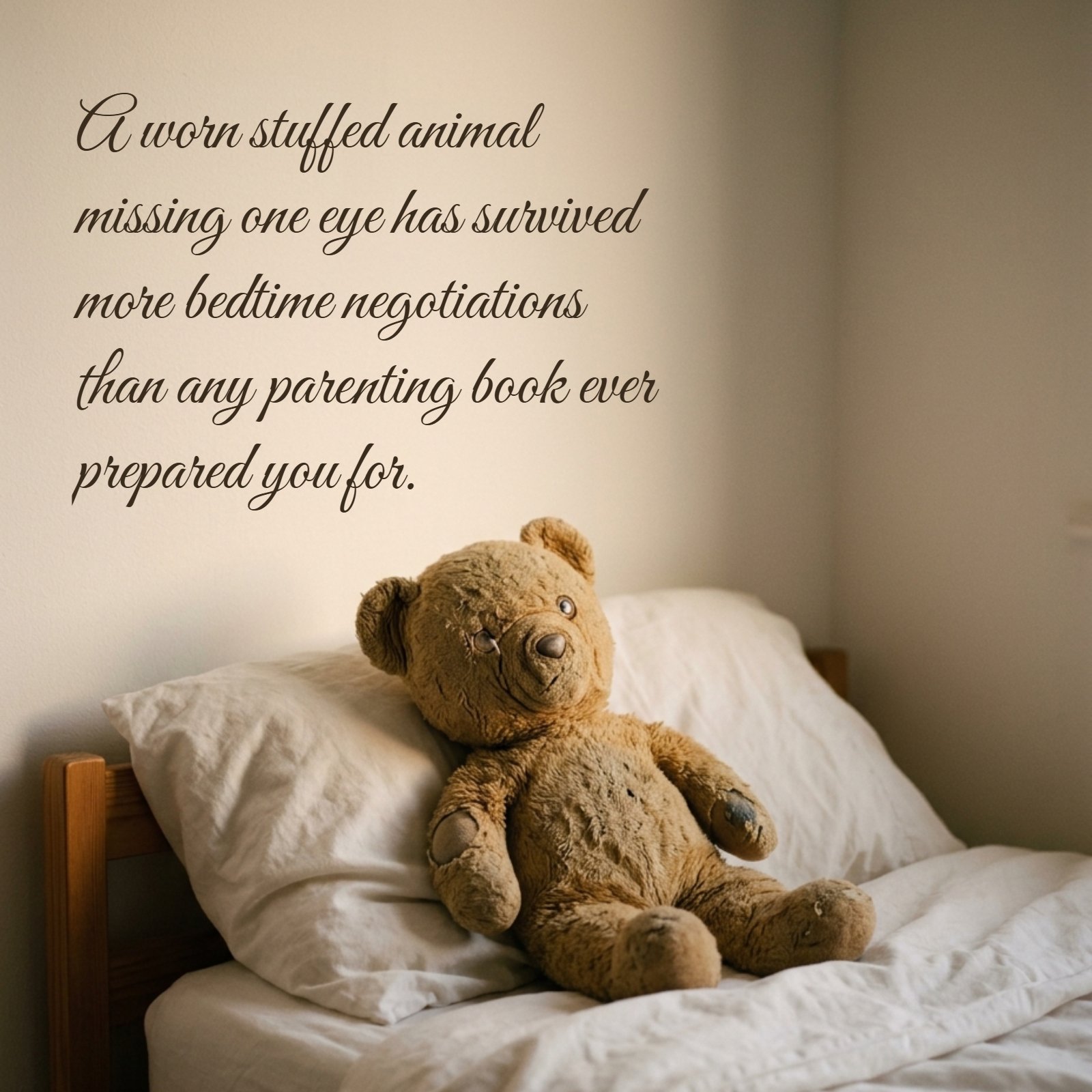 Minimalist 1:1 photograph featuring a well-loved, worn-out brown teddy bear missing one eye, sitting on a child's bed with clean white bedding. The scene has soft, warm light from the side. A sweet brown paw print is above the bear, and a quote in elegant brown script reads 'A worn stuffed animal missing one eye has survived more bedtime negotiations than any parenting book ever prepared you for.'