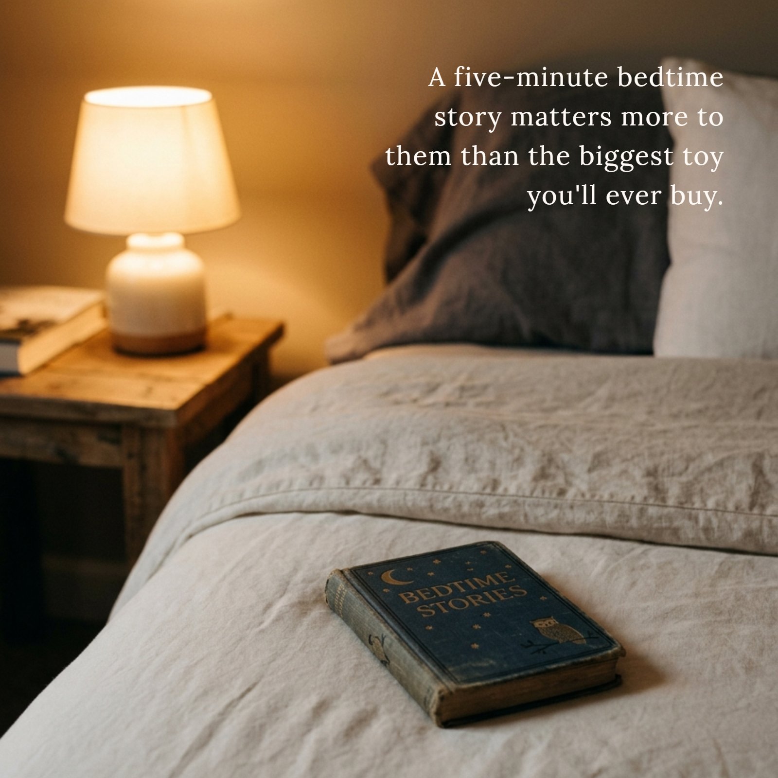 A warm, minimalist photo of an antique "Bedtime Stories" book resting on a neutral linen bed. In the background, a soft-glowing lamp provides a cozy ambiance, and a dark pillow rests against the wall. The text of the quote, “A five-minute bedtime story matters more to them than the biggest toy you'll ever buy,” would be overlaid in the space above the book.