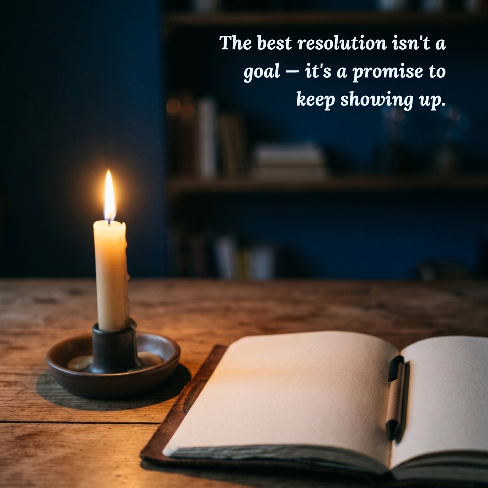 An atmospheric photograph of a lit candle and blank journal on a wooden table, featuring the quote The best resolution isn't a goal — it's a promise to keep showing up.