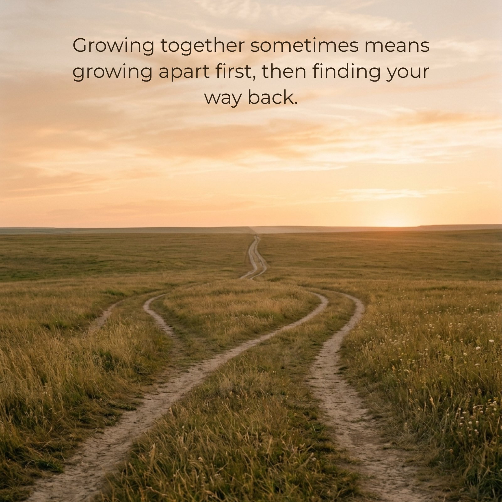 Minimalist photo of two dirt paths in a grassy field that merge into one single path toward the sunset, featuring the quote: "Growing together sometimes means growing apart first, then finding your way back."