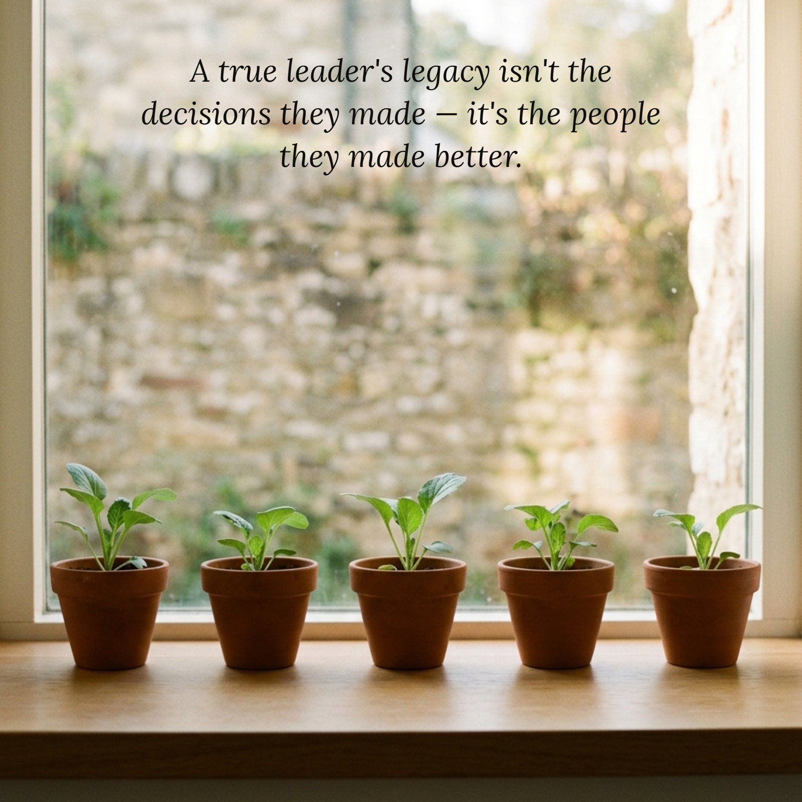 A minimalist photo of small plants growing on a windowsill, featuring the quote: A true leader's legacy isn't the decisions they made — it's the people they made better.