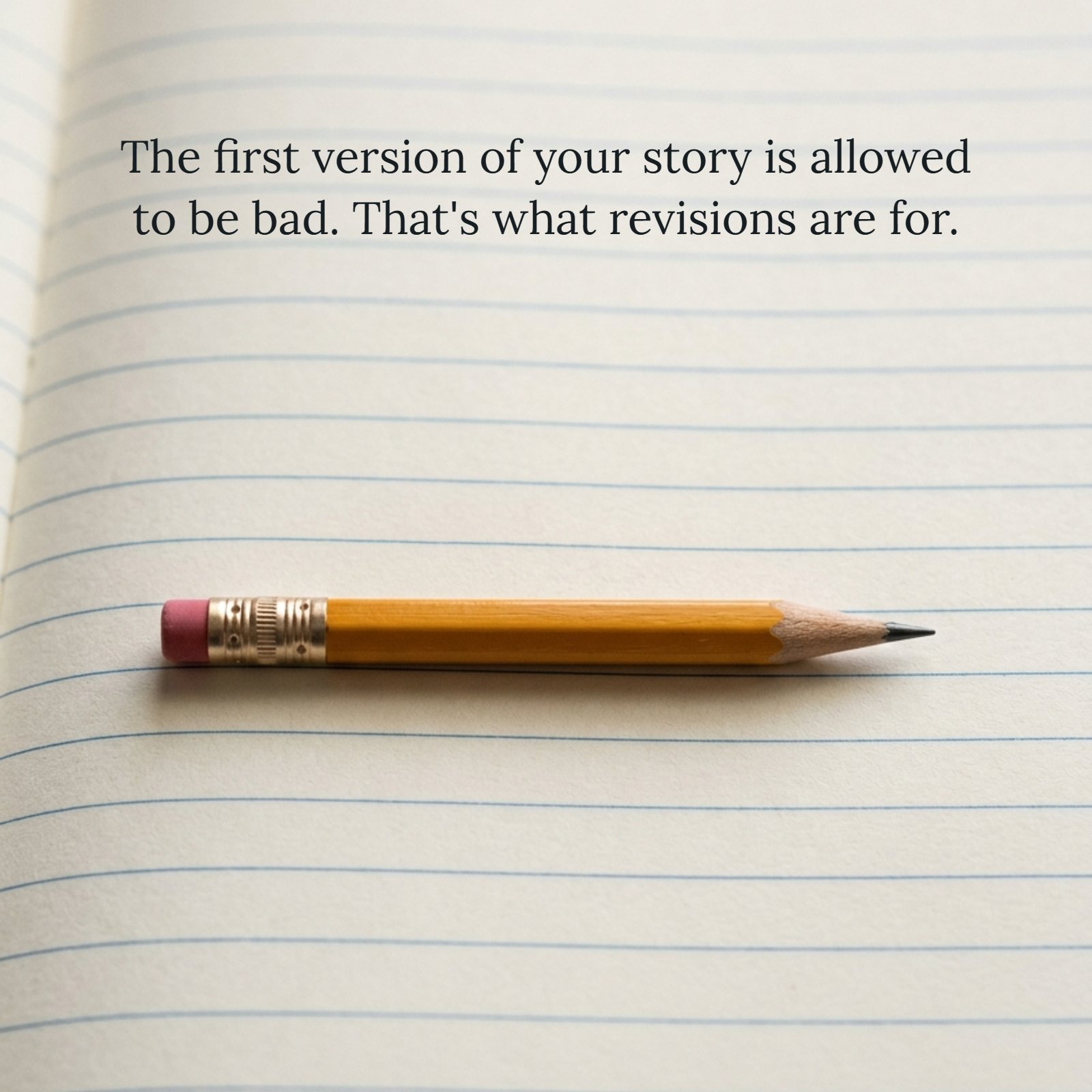 A minimalist photo of a single yellow pencil with a pink eraser resting horizontally on an off-white lined notebook page. The setting is clean with soft, natural light, providing empty space above and below the pencil. Text on the image reads: “The first version of your story is allowed to be bad. That's what revisions are for.”